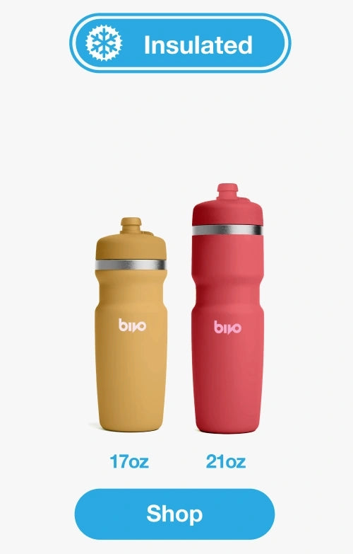 Two insulated Bivo water bottles, one candy and one amber, with 'bivo' branding on a white background.