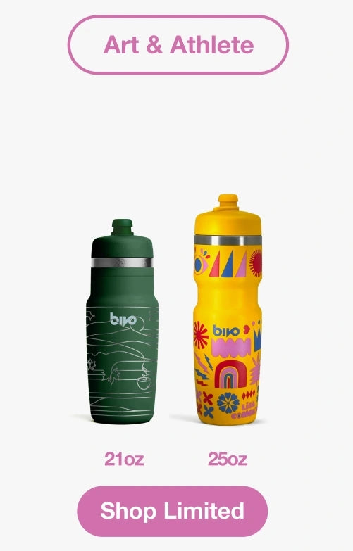 Two Bivo water bottles, one green and one yellow with colorful Lisa Congdon designs, on a white background with 'Art & Athlete' text.