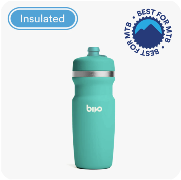 Teal water bottle with Bivo Branding and Best Bottle for Mountain Biking icon. Best Insulated Sports Bottle for Mountain Biking
