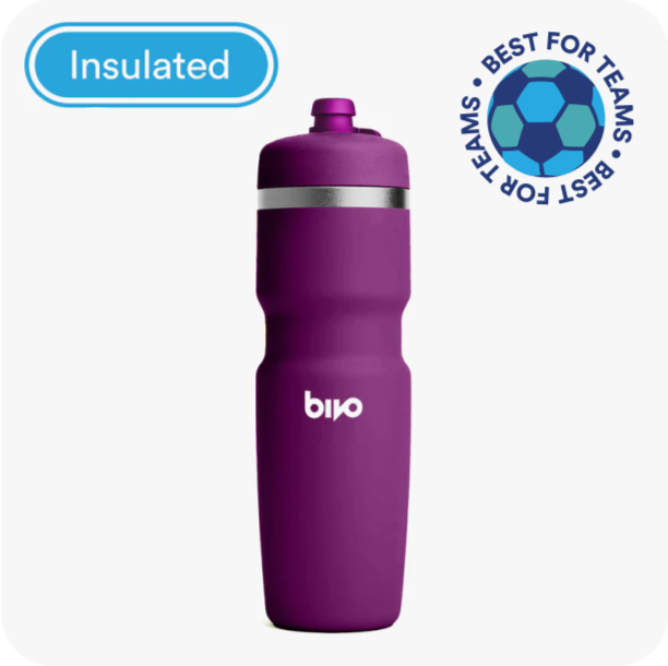 Purple insulated water bottle with Bivo logo on a white background. Best Insulated Sports Bottle for Teams