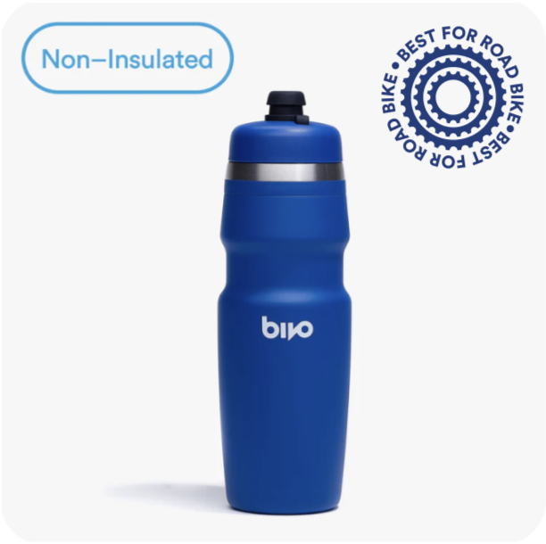 Blue water bottle with Bivo Branding and Best Bottle for Road Cycling icon. Best Lightweight Sports Bottle for Road Biking