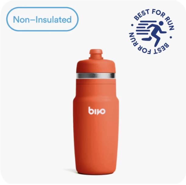 Orange water bottle with silver cap on a white background, featuring Bivo branding. Best Lightweight Sports Bottle for Runners.