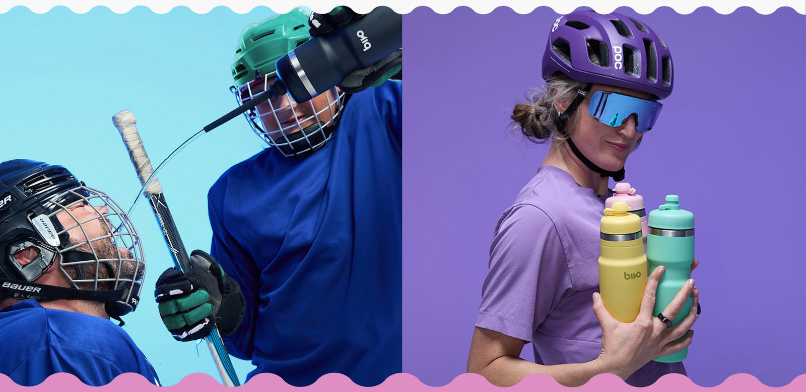 A split-screen lifestyle image showing our friend Stephanie holding our new colored Bivo bottles. On the left, a hockey player and his son in blue and green gear holds a stick against a light blue background.