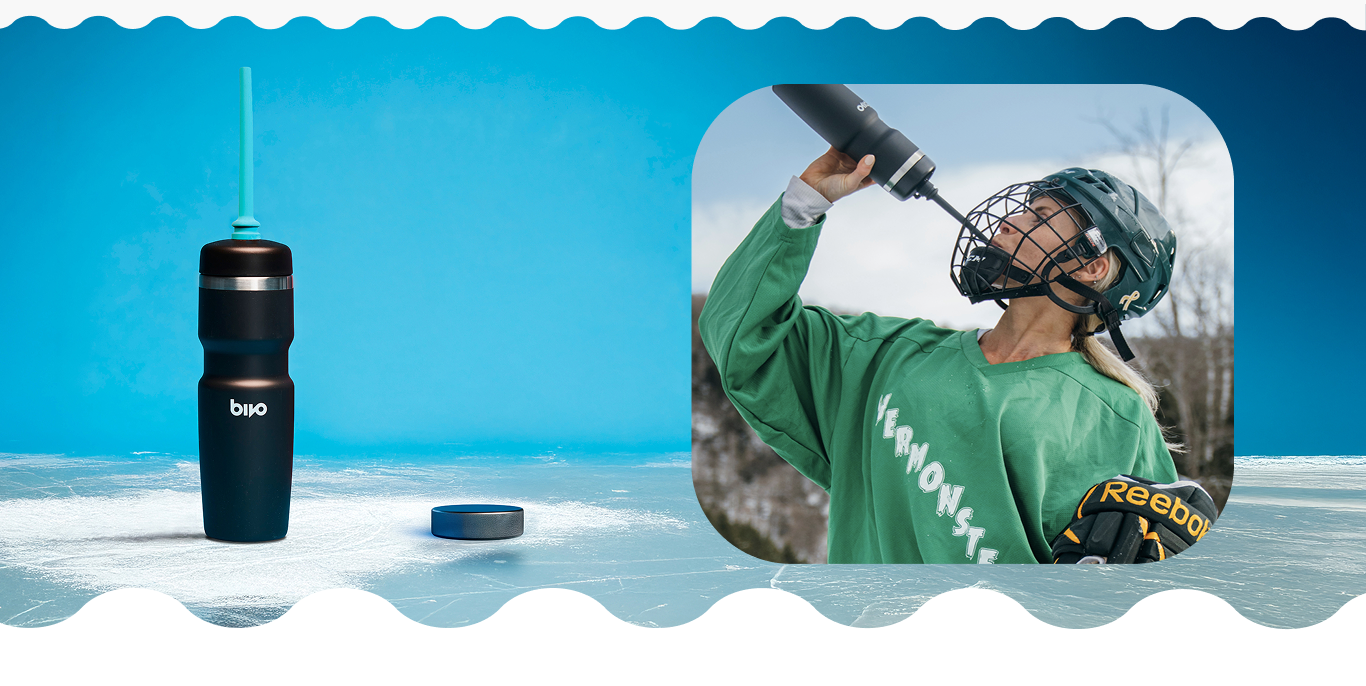 Black water bottle with a straw on a snowy surface, with a inset of a person in hockey gear holding a hockey stick and drinking from the Bivo LongShot, our water bottle solution for hockey players.