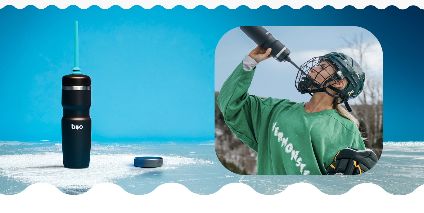Black water bottle with a straw on a snowy surface, with a inset of a person in hockey gear holding a hockey stick and drinking from the Bivo LongShot, our year-round water bottle solution for hockey players.