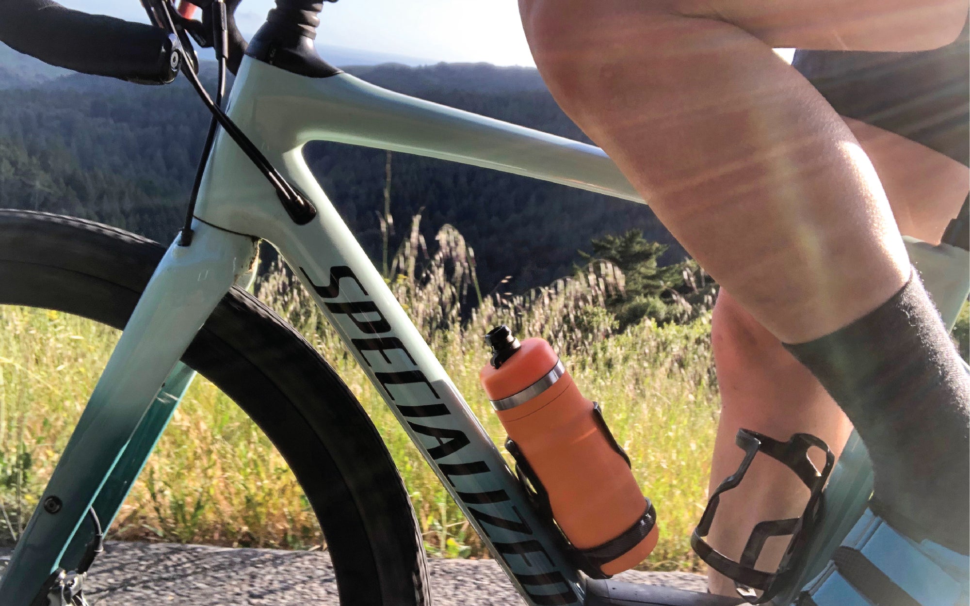 Bivo One stainless steel performance bike water bottle on bike. Built with a flow-rate fit for cyclists and from stainless steel for a clean taste.
