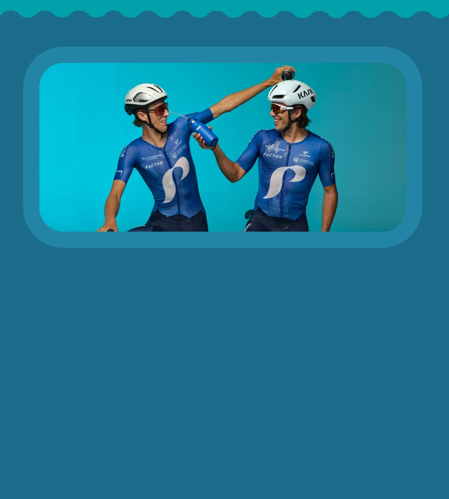 Two cyclists in blue jerseys  from Portland, pouring water from Bivo cycling bottles over eachother  against a blue background