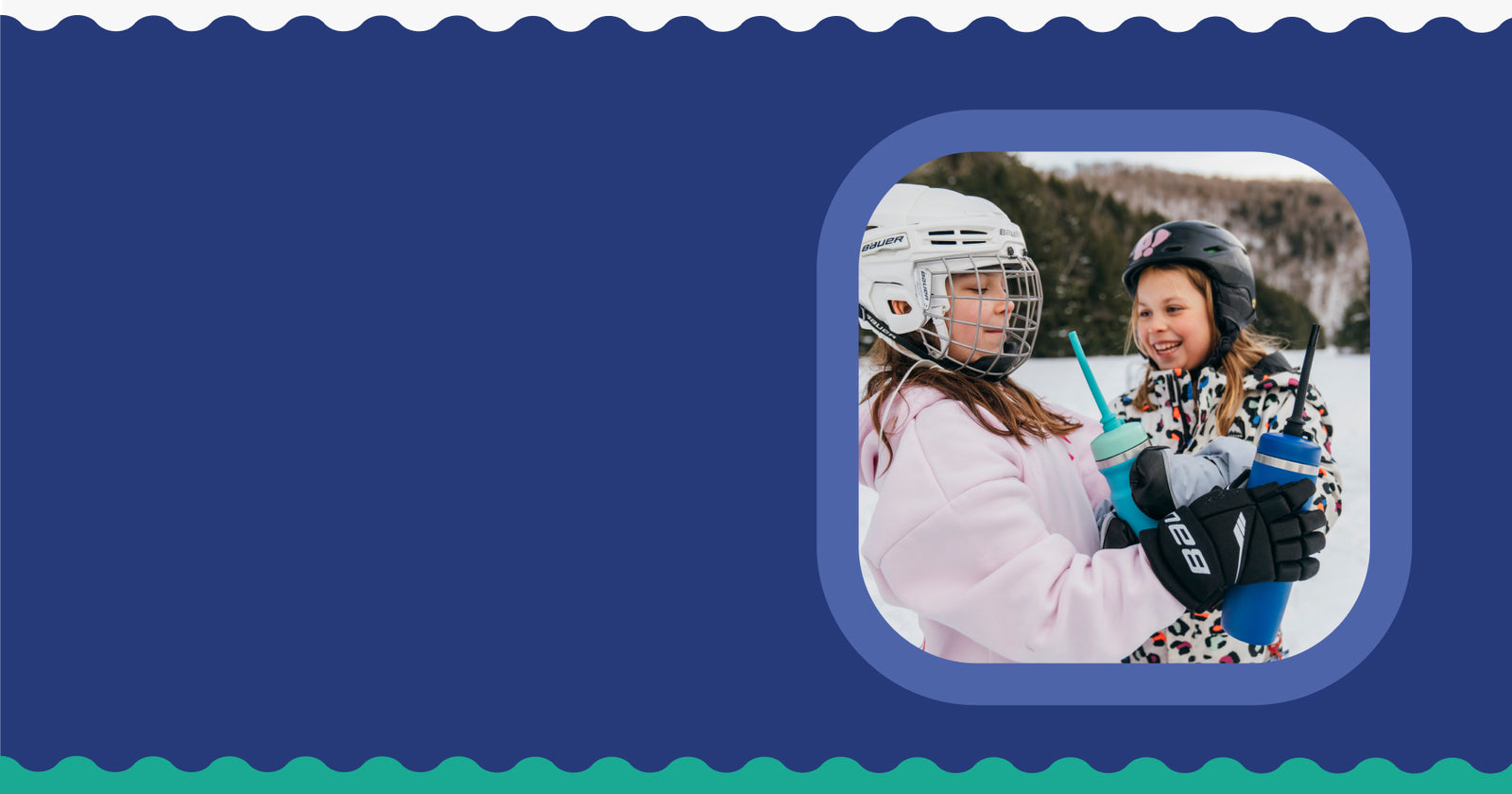 Two kids in winter gear with masked hockey helmets drinking Bivo hockey water bottles on the ice