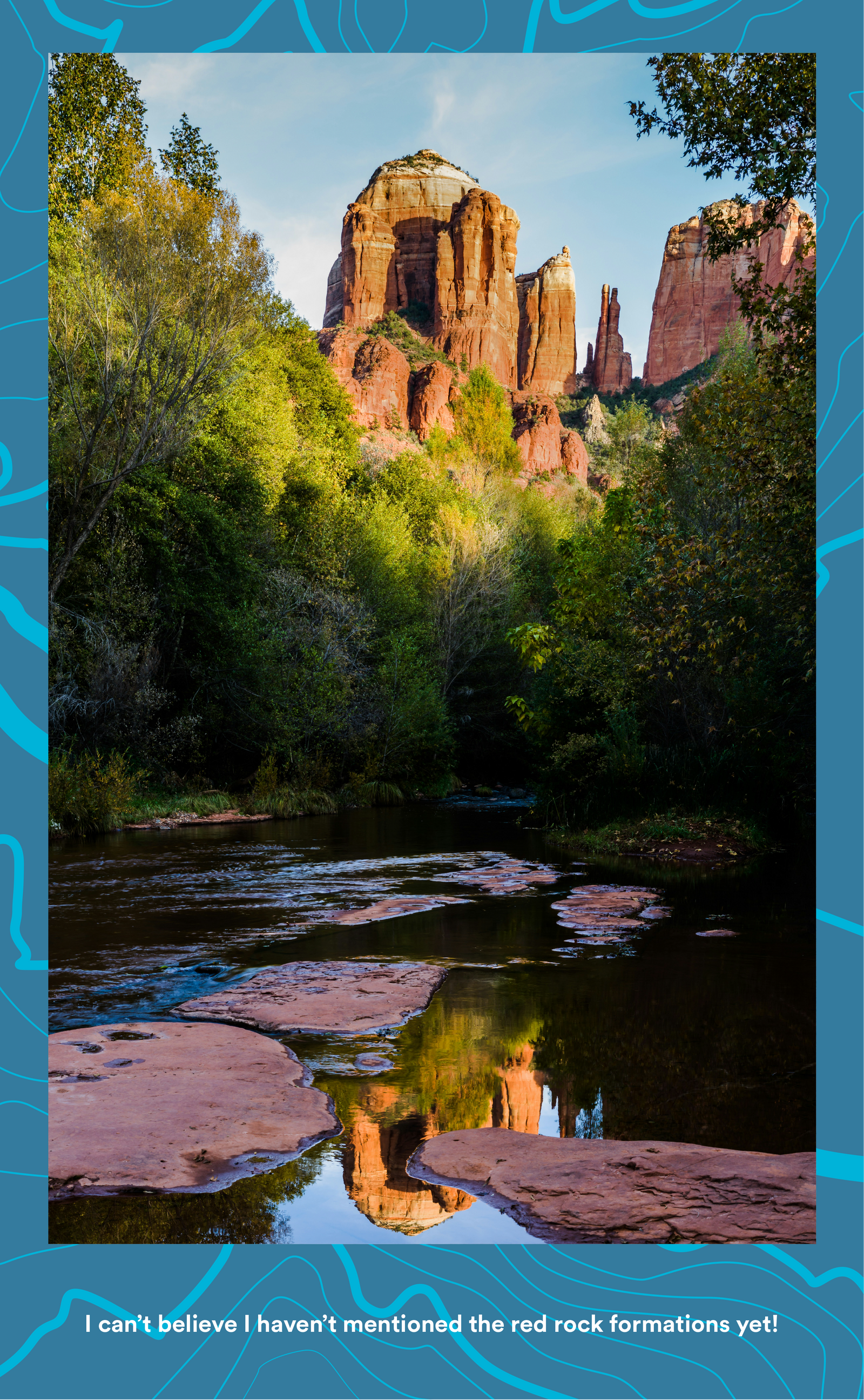Red rock formation through the trees, photographer Jim Brennan