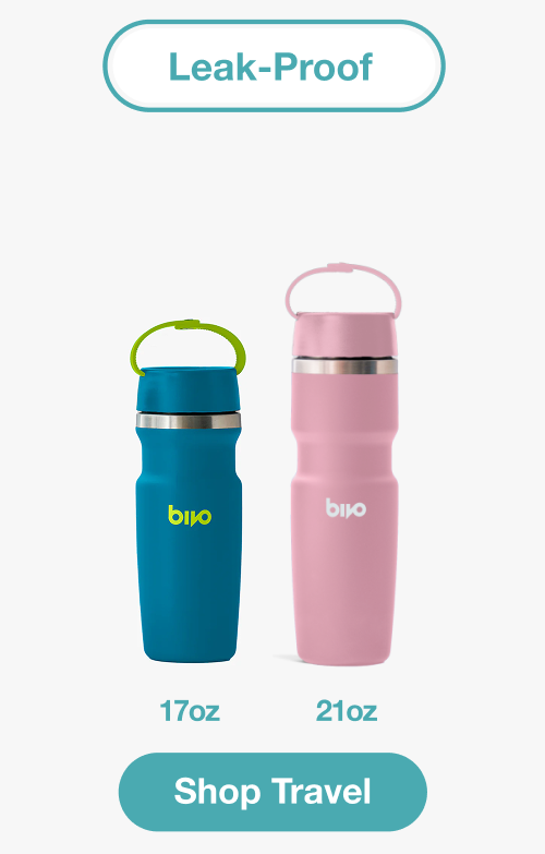 Two Bivo insulated travel water bottles shown on a light gray background under the headline 'Leak-Proof.' One bottle is teal-blue with a lime green loop handle and the other is pink with a pale pink loop handle.
