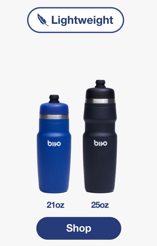 Two blue and black Bivo water bottles with 'bivo' branding on a white background.