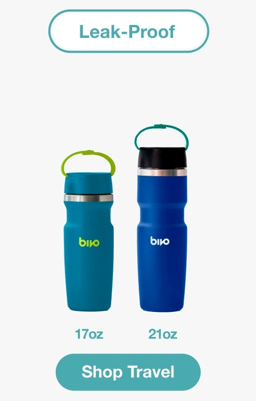 Two blue Bivo Ventura water bottles with different capacities on a white background, featuring the Bivo brand and teal handle straps.